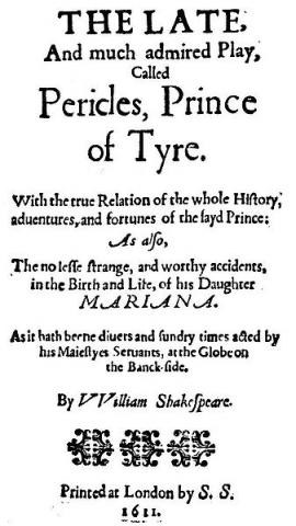 Titlepage of Shakespeare's Pericles, Prince of Tyre, 1611.
