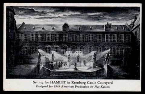 Setting for Hamlet in Kronborg Castle Courtyard designed by Nat Karson,1947.